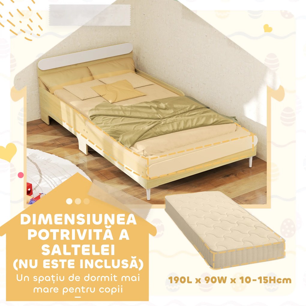 AIYAPLAY Pat Rectangular pentru Copii 3-10 Ani cu Structură din Lemn și Bariere de Protecție, 194,8x103x60,5 cm, Alb | Aosom Romania