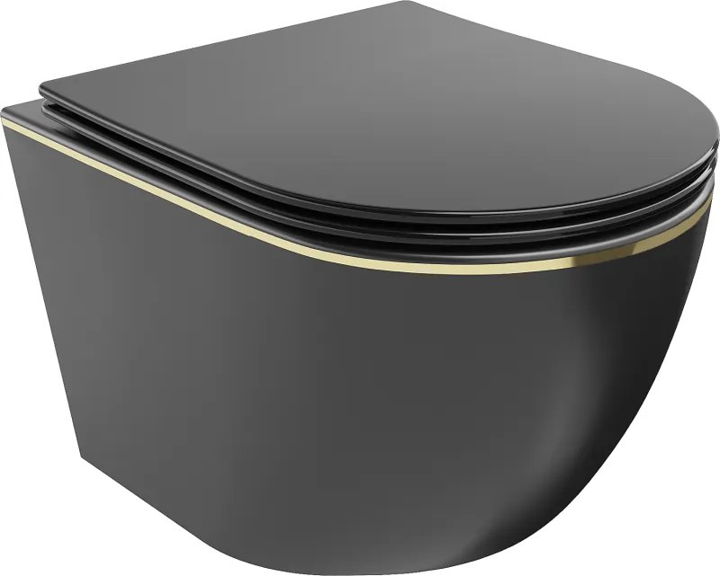Mexen Lena vas WC rimless cu capac cu închidere lentă slim, duroplast, negru mat/linie aurie - 30224075