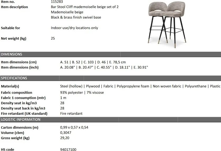 Set de 2 scaune de bar design modern LUX Cliff, bej mademoiselle 115283 HZ