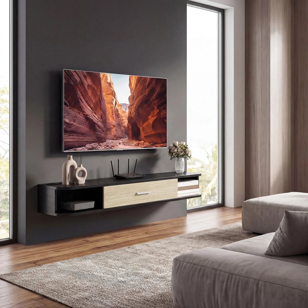HOMCOM Mobilier TV Suspendat 120 cm, Mobilă TV pentru până la 127 cm, Ușă Rabatabilă, 2 Rafturi Deschise și Orificii pentru Cabluri, Negru | Aosom Romania