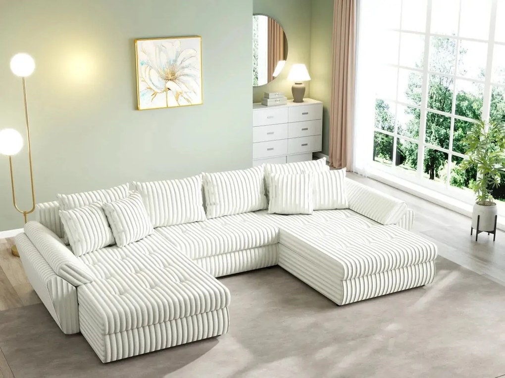 Colțar extensibil dumonde cu ladă de depozitare si sezut confortabil din spuma high-density, Loana U Ambience Ivory 355x185 cm