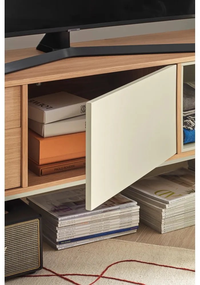 Comodă TV cu aspect de lemn de stejar Teulat Yoko, alb-crem