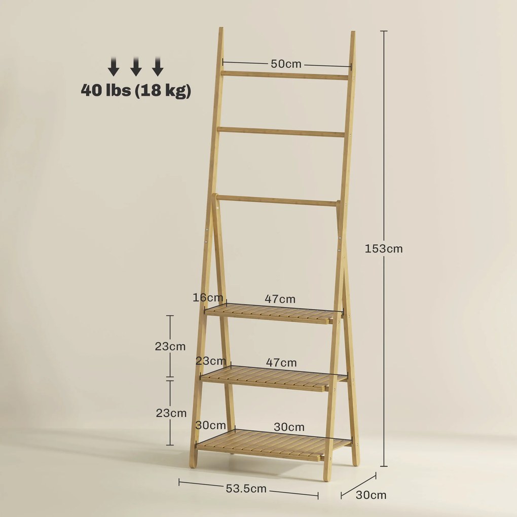 HOMCOM Raft Baie Pliabil pentru Prosoape cu 3 Rafturi și 3 Bare, 53,5x30x153 cm, Lemn Natural | Aosom Romania