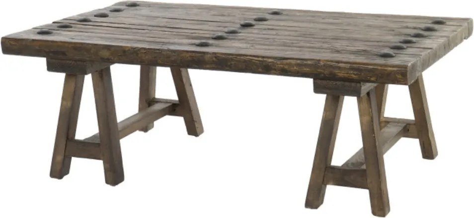 Măsuță de cafea dreptunghiulară din lemn de ulm, maro, cu cuie decorative, finisaj antichizat, 40 x 110 x 70 cm, „Banyan” – Ethnic Collections