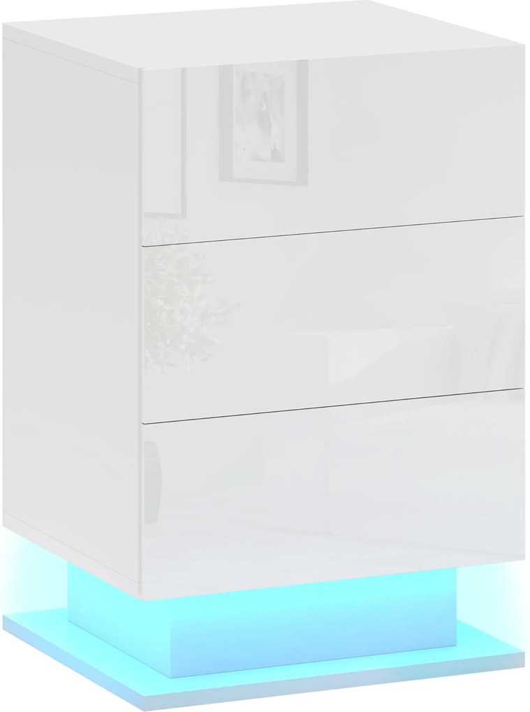 HOMCOM Noptieră cu Lumini LED Reglabile, 3 Sertare și Telecomandă, 40x35x60 cm, Alb | Aosom Romania