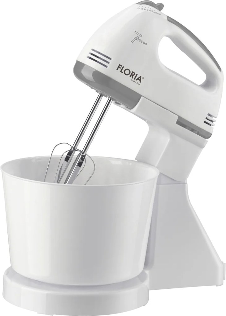 Mixer cu bol Floria ZLN7577 ALB, 7 viteze, Bol plastic 2 Litri, Putere 150W, ALB