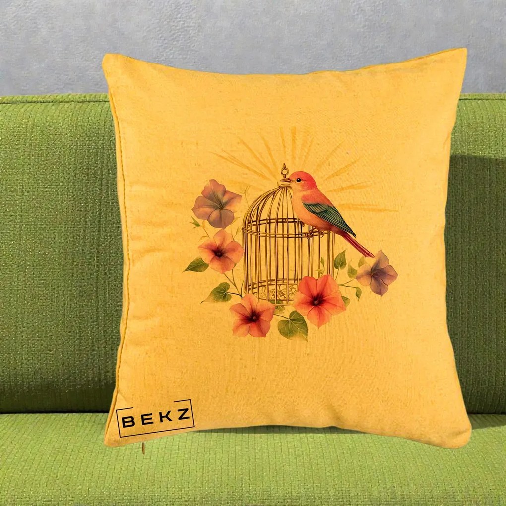 Perna Decorativa Pasare Roz pe Colivie Aurie cu Flori, 40x40 cm, Galben, Husa Detasabila, Perna Inclusa, BEKZ®