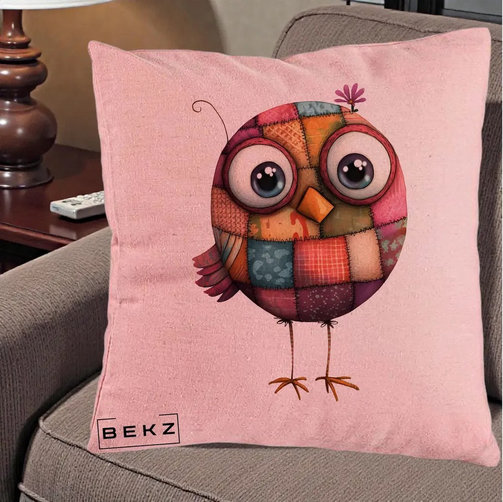 Perna Decorativa Pasare Patchwork Roz cu Floare, 40x40 cm, Roz, Husa Detasabila, Perna Inclusa, BEKZ®