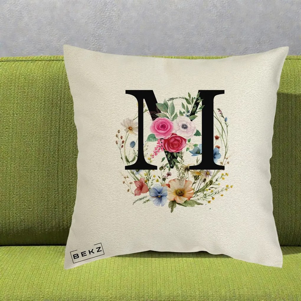 Cadou Personalizat - Perna Personalizata Monogram Litera M cu Flori Acuarela, 40x40 cm, Ecru, Husa Detasabila, Perna Inclusa, BEKZ®