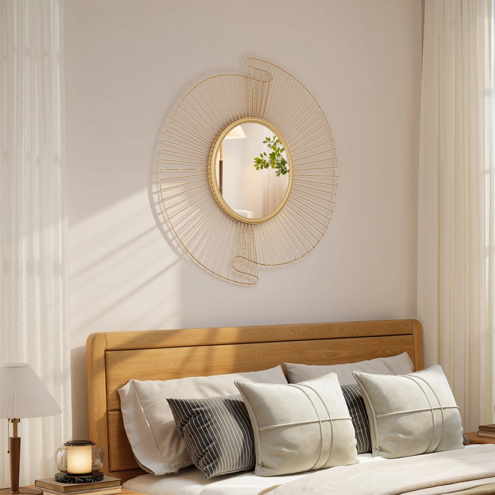 HOMCOM Oglindă Decorativă de Perete Rotundă, Design Modern cu Benzi Metalice și Ramă Plisată, Pentru Sufragerie, Dormitor și Hol, 60x60 cm, Auriu | Aosom Romania