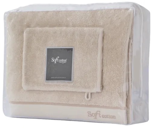 Set prosop, prosop de corp și mănușă de baie AURA, 3 buc Bej / Beige Set (prosop 50x100 cm, prosop de corp 92x150 cm, mănușă de baie 16x22 cm)