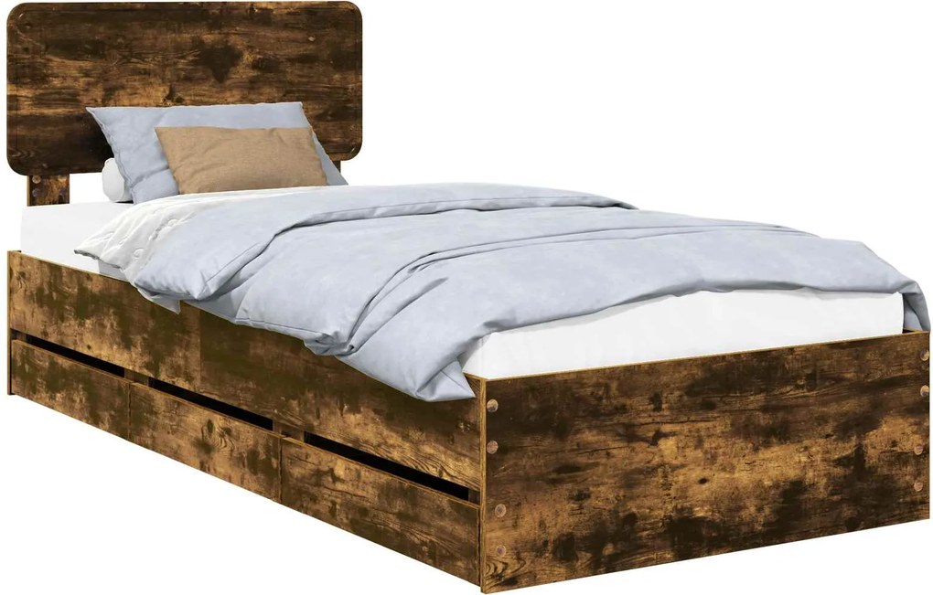 vidaXL Cadru de pat cu sertar Stejar Afumat 90 x 200 cm Lemn prelucrat