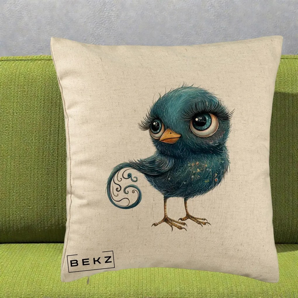 Perna Decorativa Pasare Teal cu Motive Aurii si Coada Spiralata, 40x40 cm, Bej, Husa Detasabila, Perna Inclusa, BEKZ®