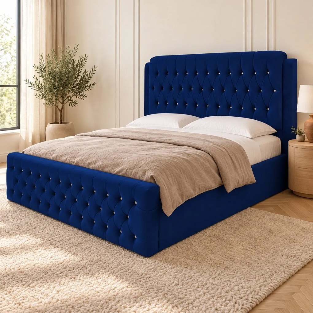 Pat tapițat Chesterfield din catifea Aveline Deluxe 180×200 cm, bleumarin, cu ladă de depozitare
