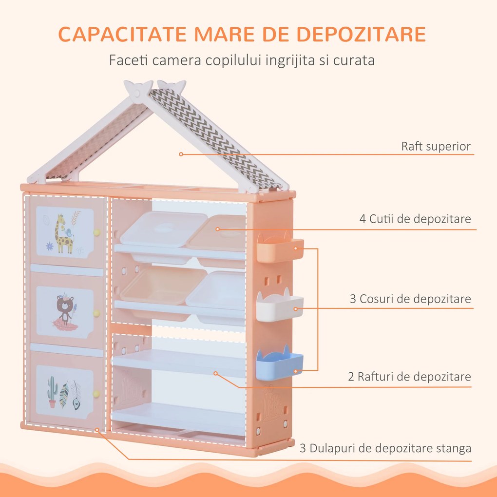 HOMCOM Mobilier Depozitare Jucării, 4 Recipiente, 3 Sertare, Rafturi, 128x34x155cm, Portocaliu | Aosom Romania