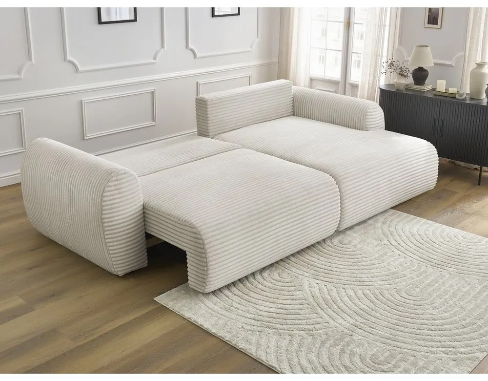 Colțar crem extensibil cu tapițerie din catifea reiată (cu colț pe partea dreaptă) Lucien – Bobochic Paris