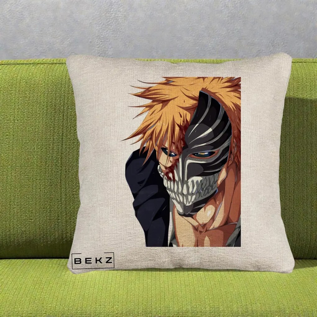 Perna Personalizata Bleach Ichigo Masca Hollow, 40x40 cm, Bej Canapea, Husa Detasabila, Perna Inclusa, BEKZ®