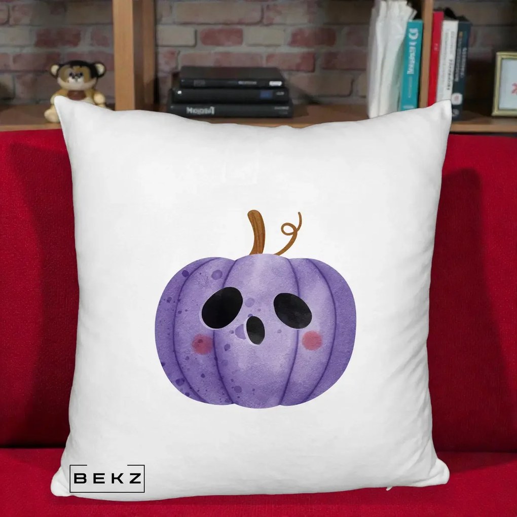 Perna Decorativa Dovleac Halloween Mov Kawaii, 40x40 cm, Alb Pufos, Husa Detasabila, Perna Inclusa, BEKZ®