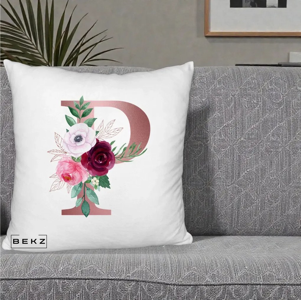 Cadou Personalizat - Perna Personalizata Monograma Rose Gold Litera P, 40x40 cm, Alb Pufos, Husa Detasabila, Perna Inclusa, BEKZ®