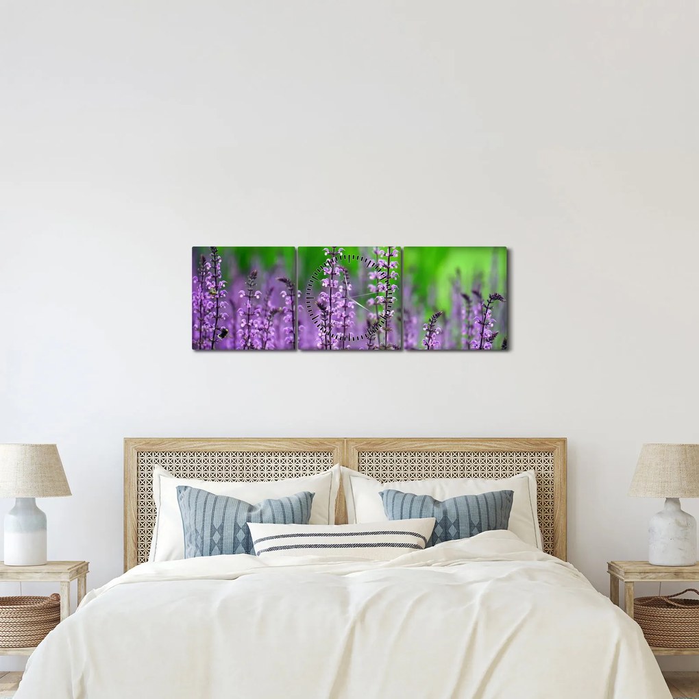 Tablou cu flori de luncă violete (cu ceas) (90x30 cm)