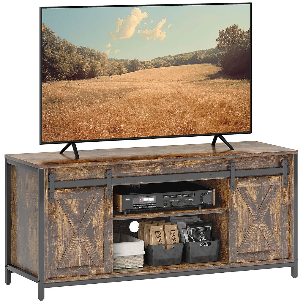 HOMCOM Stand TV Lowboard, Design industrial, pentru televizoare de 60'', 6 rafturi, 2 uși glisante, Maro/Negru | Aosom Romania