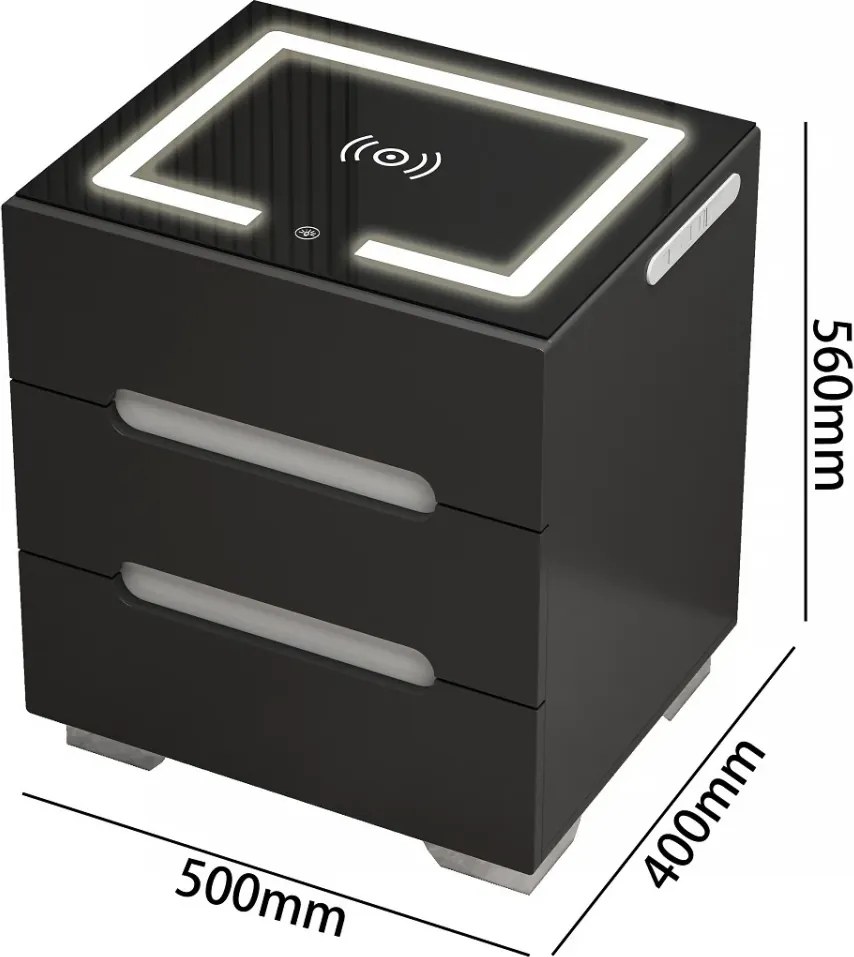 RESIGILAT- Noptieră inteligentă multifuncțională, 3 sertare, iluminare LED-uri Touch, 3 tipuri de culoare, încărcare fără fir, incarcare USB, sticla securizata, Negru