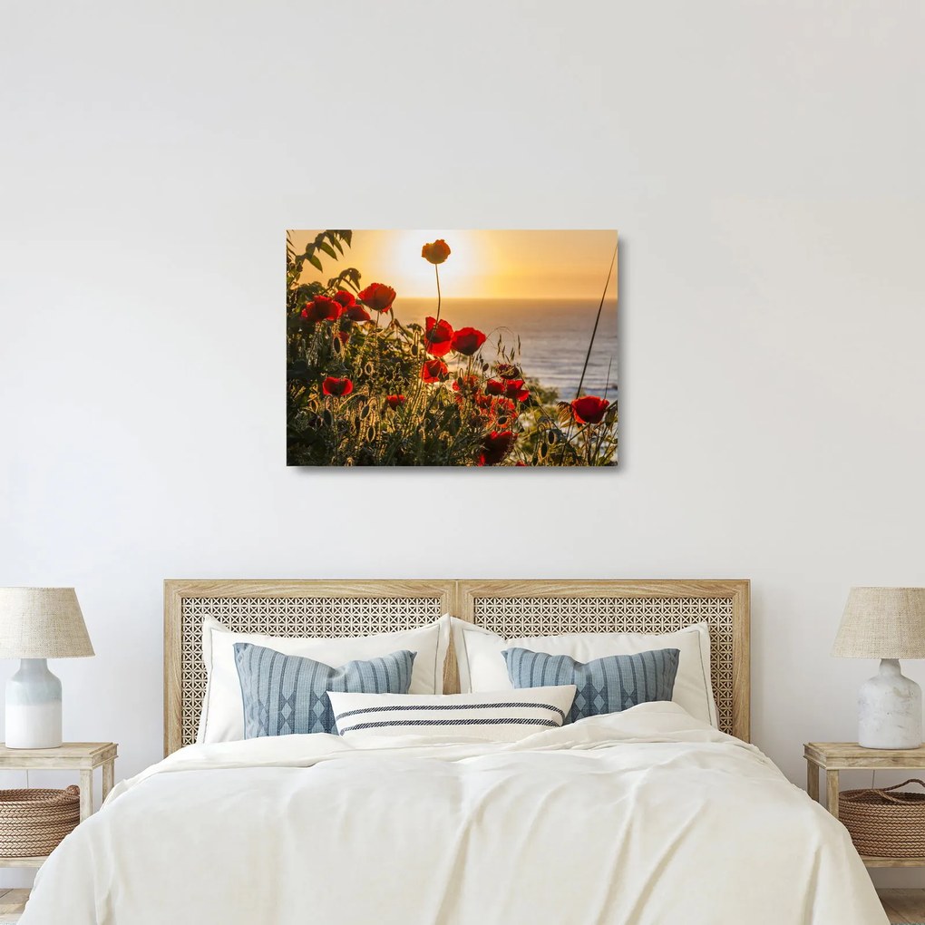 Tablou pe sticlă cu apus de soare cu flori de maci (70x50 cm)