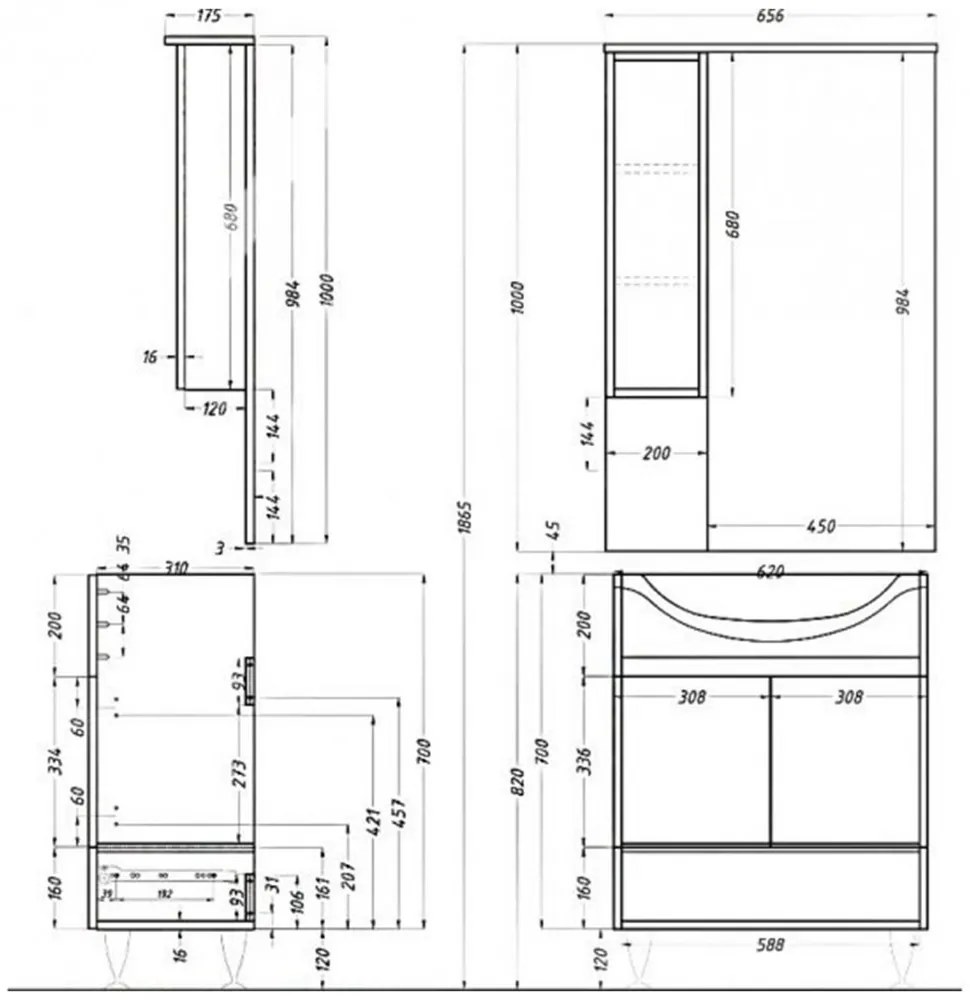 Mobilier complet de baie Bianca Plus 65, alb lucios, deschidere pe dreapta