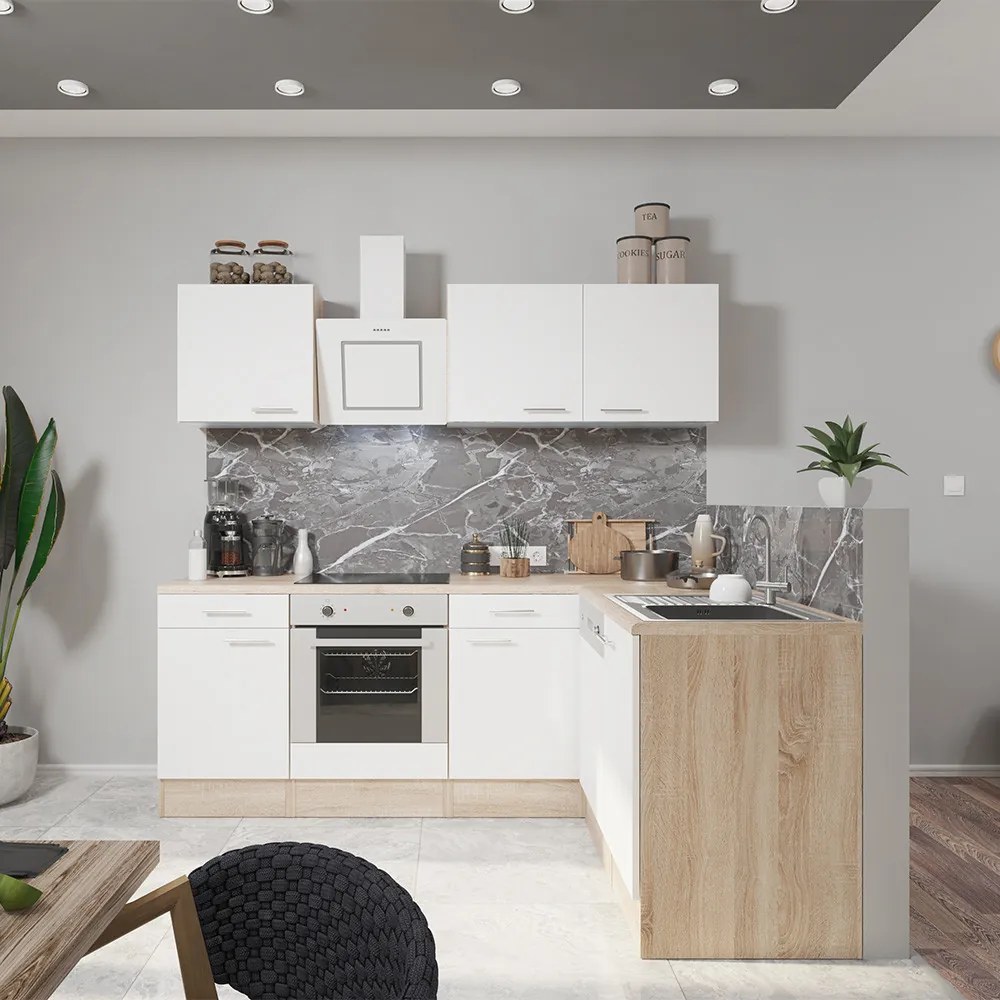 Mobilă de bucătărie de colț Yorki 220, corp din stejar Sonoma, față alb satinat cu element inferior al cuptorului