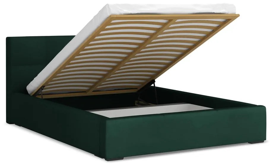 Pat matrimonial verde închis tapițat din catifea cu spațiu de depozitare cu somieră 140x200 cm Hiko – Makamii