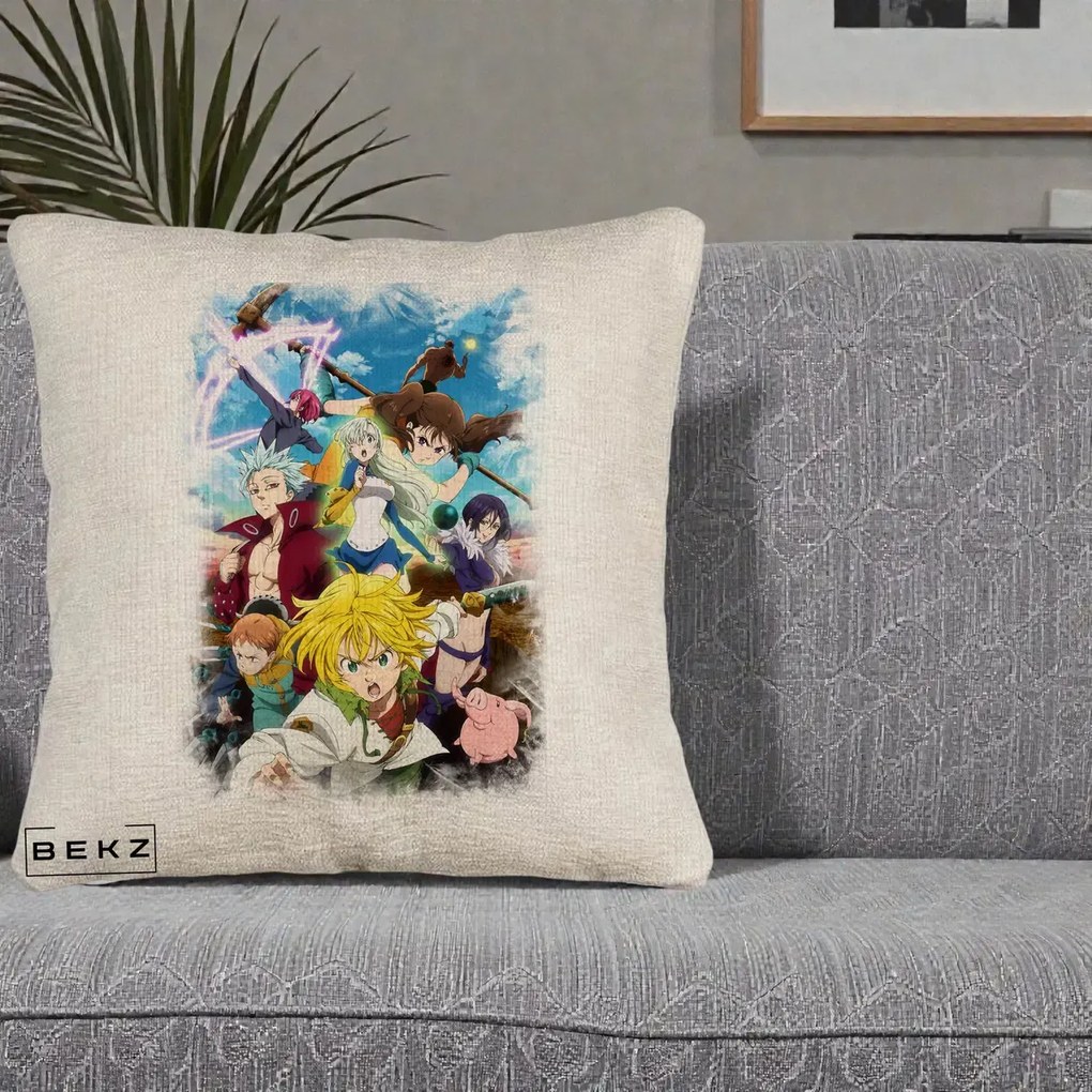Perna Personalizata Nanatsu no Taizai Cele Sapte Pacate Mortale Anime, 40x40 cm, Bej Canapea, Husa Detasabila, Perna Inclusa, BEKZ®