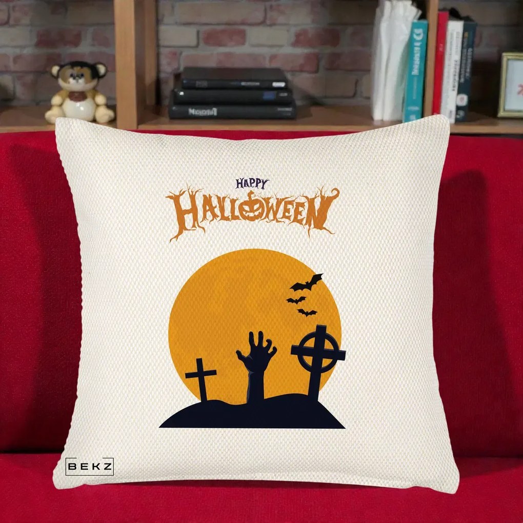 Perna Decorativa Happy Halloween Cimitir cu Luna, 40x40 cm, Crem Reliefat, Husa Detasabila, Perna Inclusa, BEKZ®