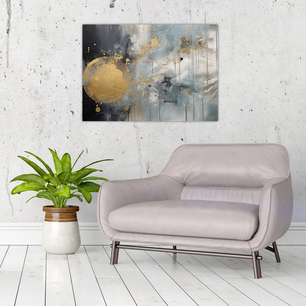 Tablou pe sticlă - Abstracție cu minge de aur (70x50 cm)