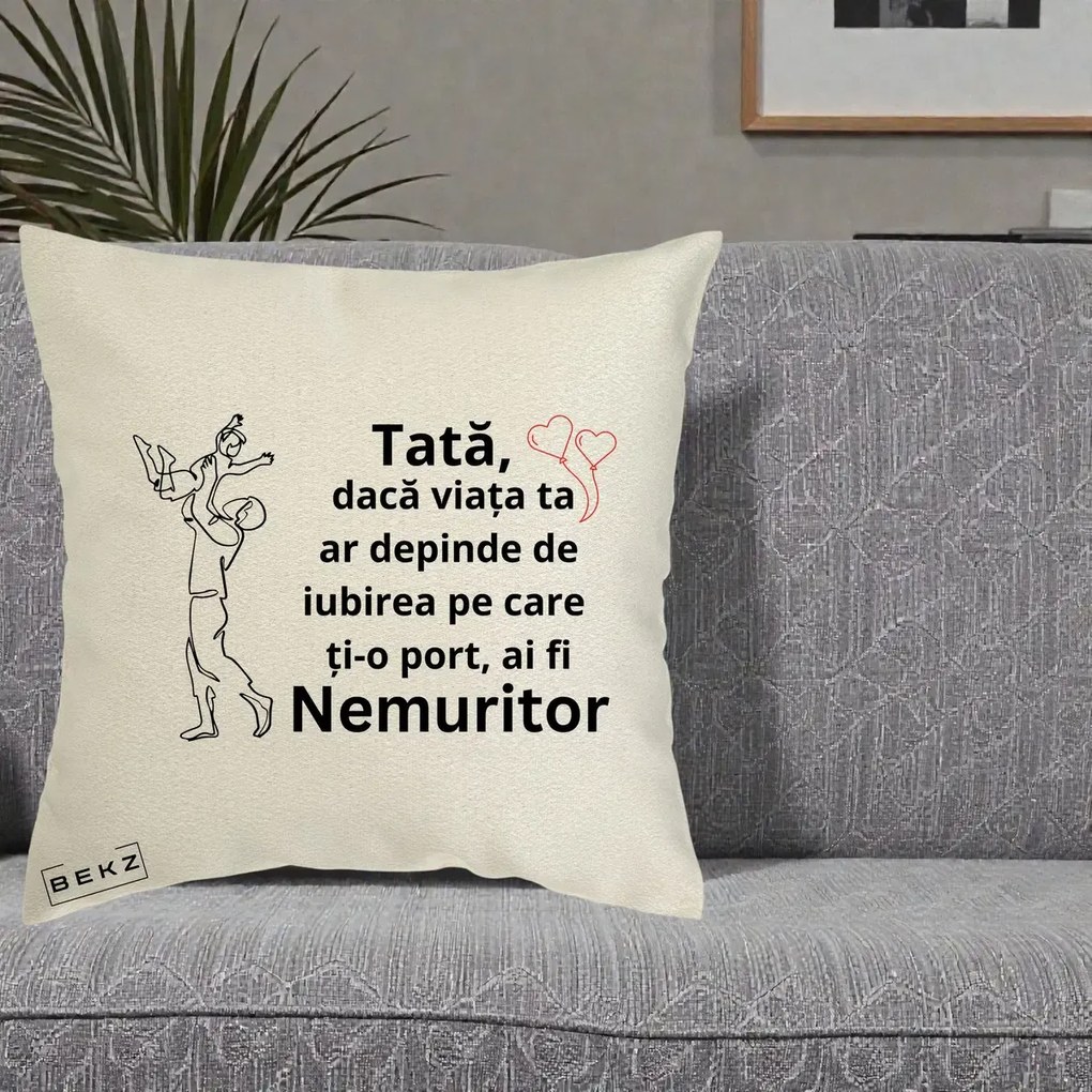 Cadou pentru Tata - Perna Personalizata Tata Nemuritor Joaca in Aer, 40x40 cm, Ecru, Husa Detasabila, Perna Inclusa, BEKZ®