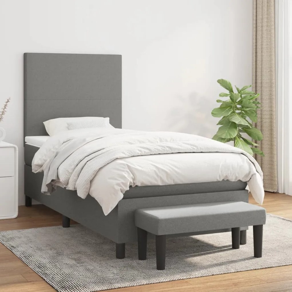 vidaXL Pat box spring cu saltea, gri închis, 90x200 cm, textil