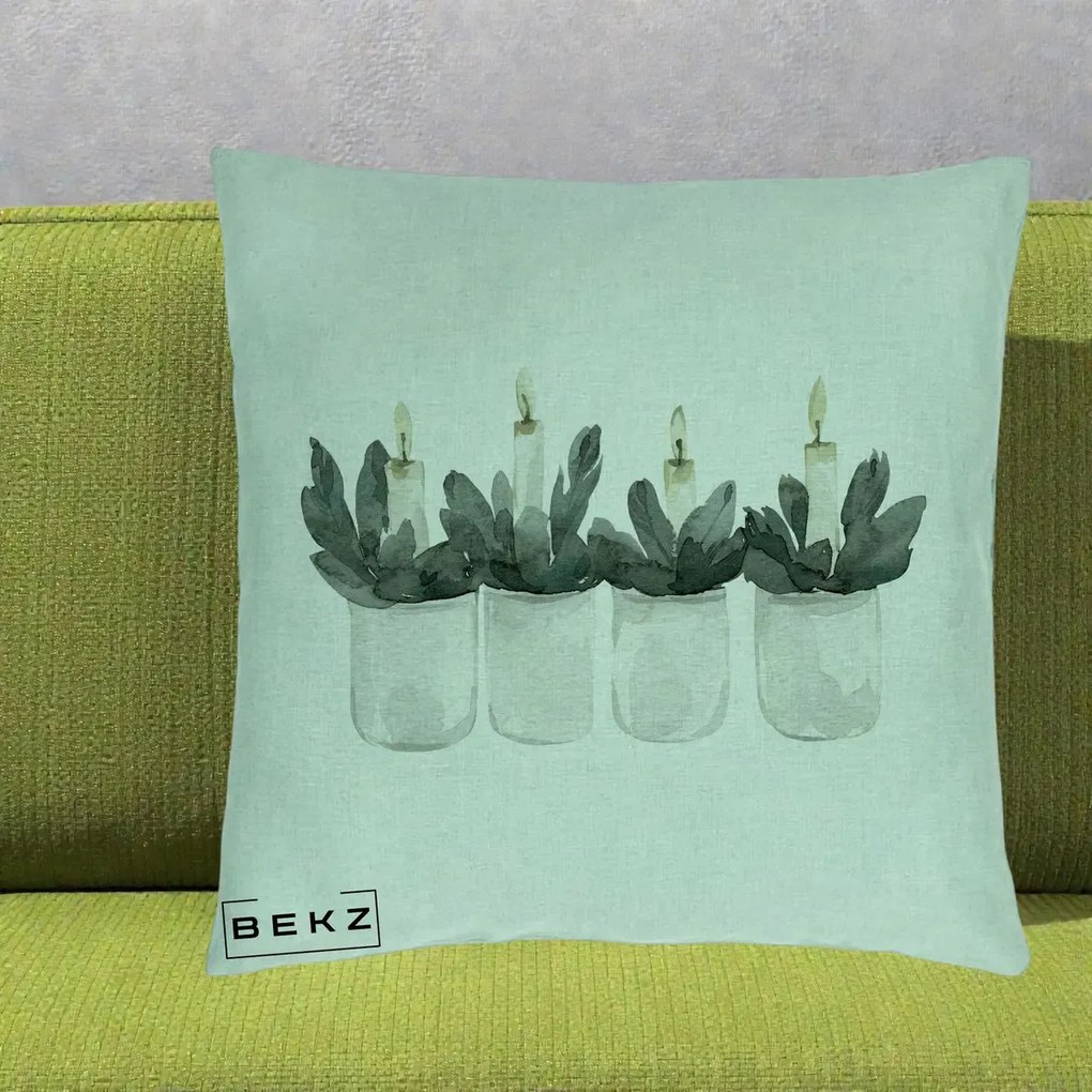 Perna Decorativa Lumanari Advent in Borcane, 40x40 cm, Verde Menta, Husa Detasabila, Perna Inclusa, BEKZ®