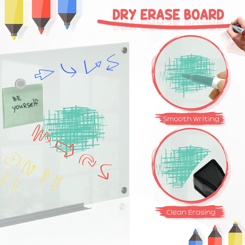 Vinsetto Tablă de Sticlă Albă cu 4 Markere și Burete de Șters 90x60x0.4 cm | Aosom Romania