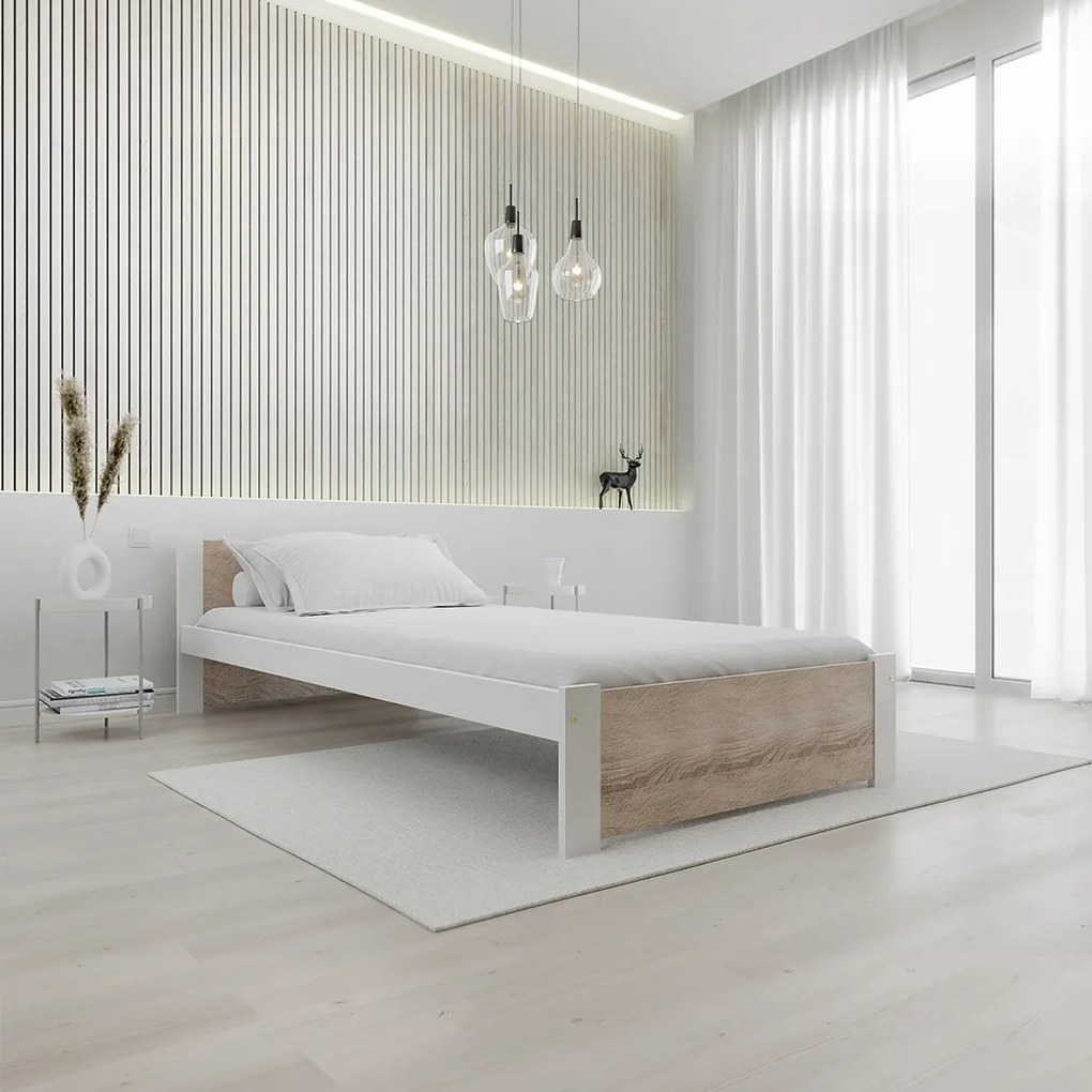 Pat de o persoana Ikaros, alb/stejar sonoma 90x200 cm Saltele: Fara saltea, Somiera pat: Cu lamele curbate