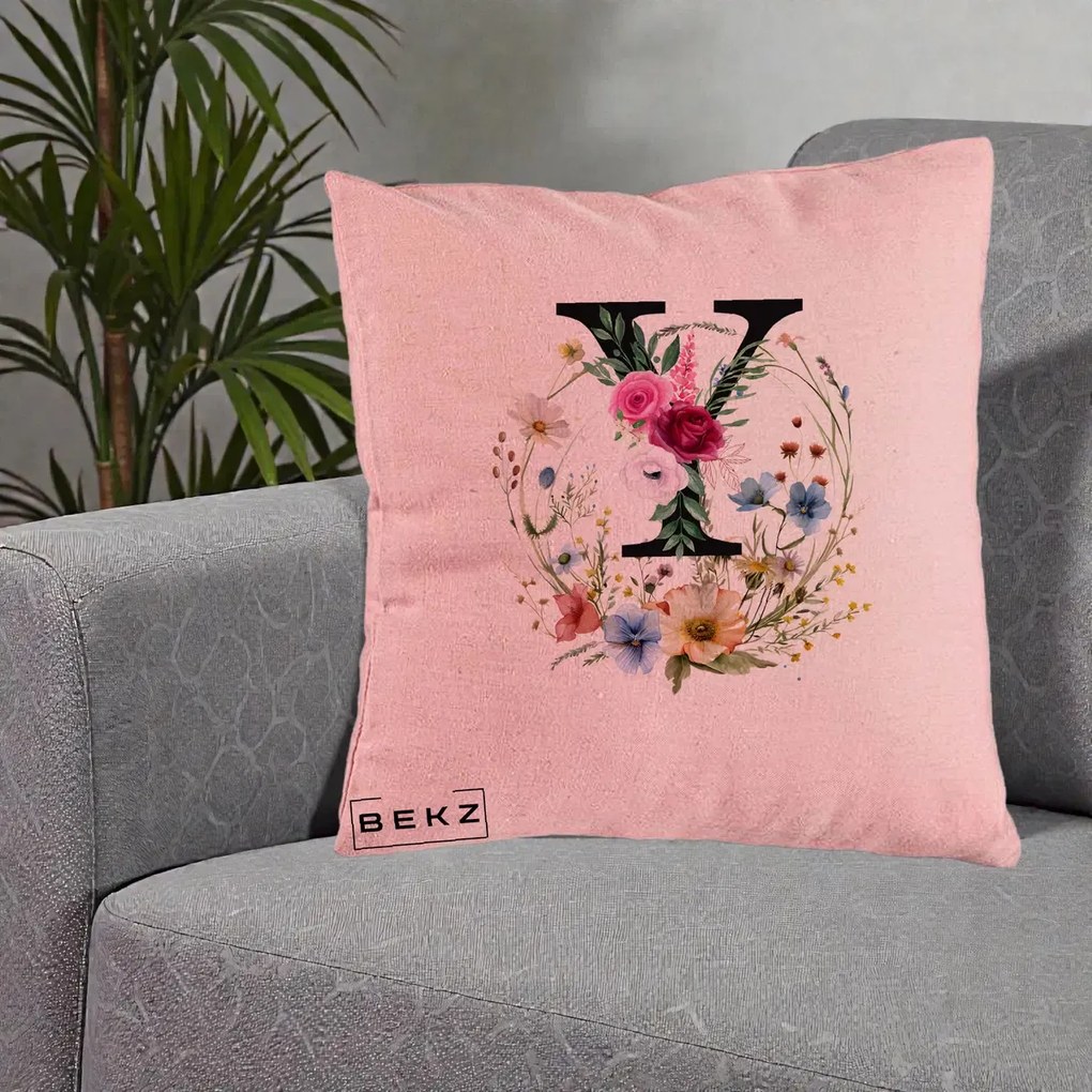 Cadou Personalizat - Perna Personalizata Monograma Florala Litera Y cu Coroana, 40x40 cm, Roz, Husa Detasabila, Perna Inclusa, BEKZ®
