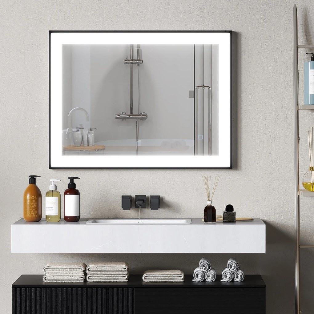 HOMCOM Oglindă de Baie cu Lumină LED 80x60 cm cu 3 Culori de Lumină Funcție Antiabur Funcție Memorie IP44 Orizontal/Vertical | Aosom Romania