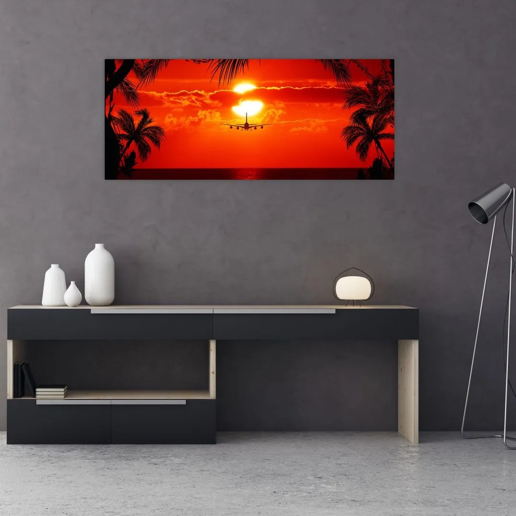 Tablou - apus de soare cu avion (120x50 cm)