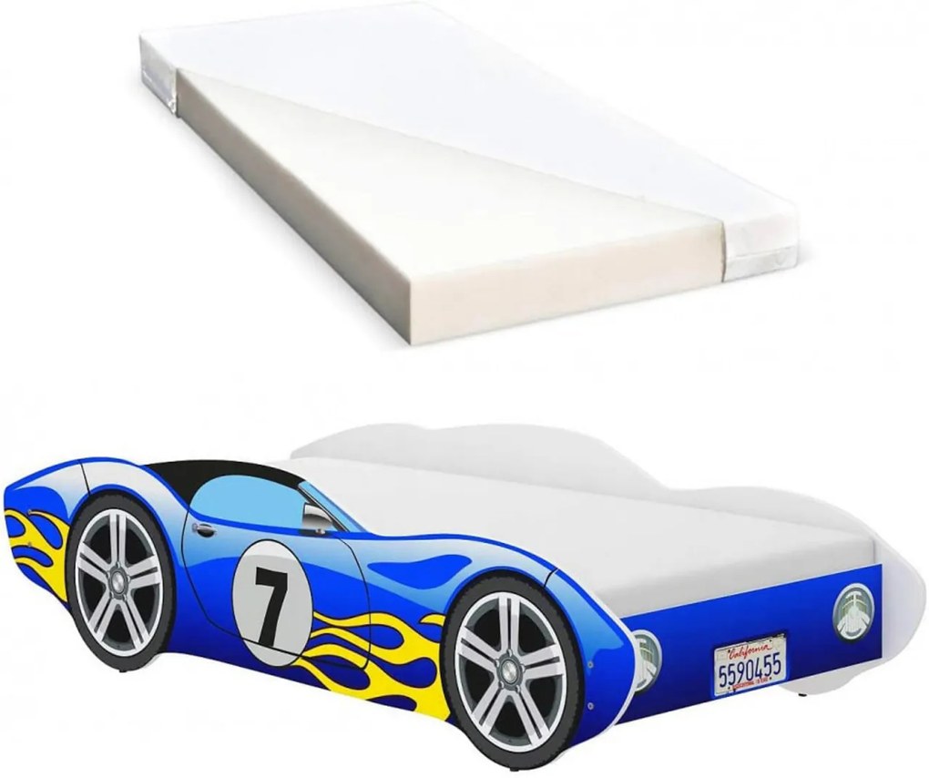 Pat tip masinuta pentru copii NOVOKIDS™ CORVETTE, 160x80 CM, Set cu Saltea din Spuma MATSEN® 10 CM Inclusa, Somiera Sistem FLEX, Cu Protectii