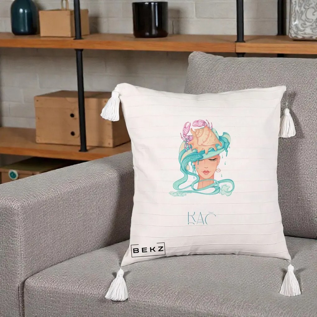 Perna Personalizata Zodie Rac, 40x40 cm, Bej cu Franjuri, Husa Detasabila, Perna Inclusa, BEKZ®