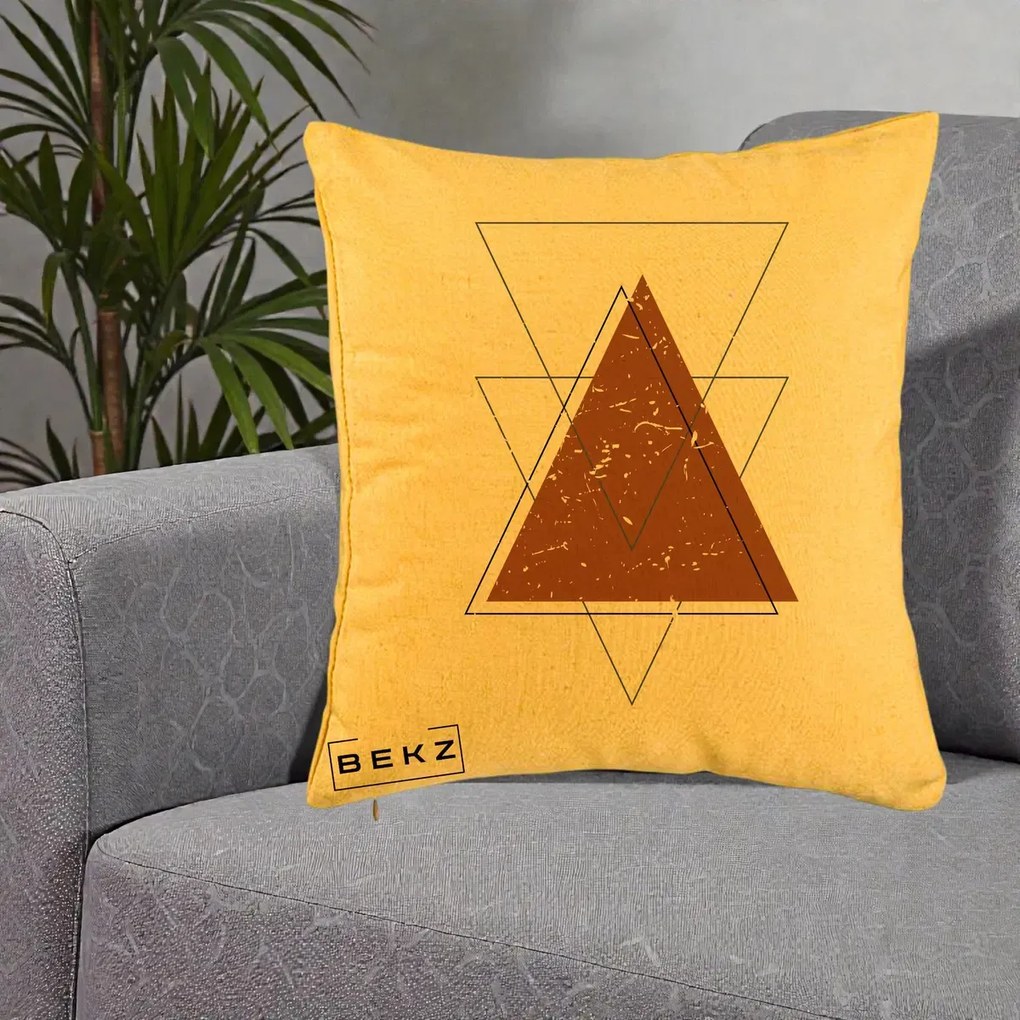 Perna Decorativa Geometric Triunghiuri Sacred, 40x40 cm, Galben, Husa Detasabila, Perna Inclusa, BEKZ®