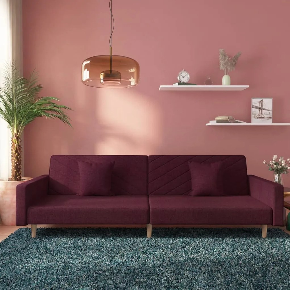 337615 vidaXL Canapea extensibilă cu 2 locuri, 2 perne, violet, textil