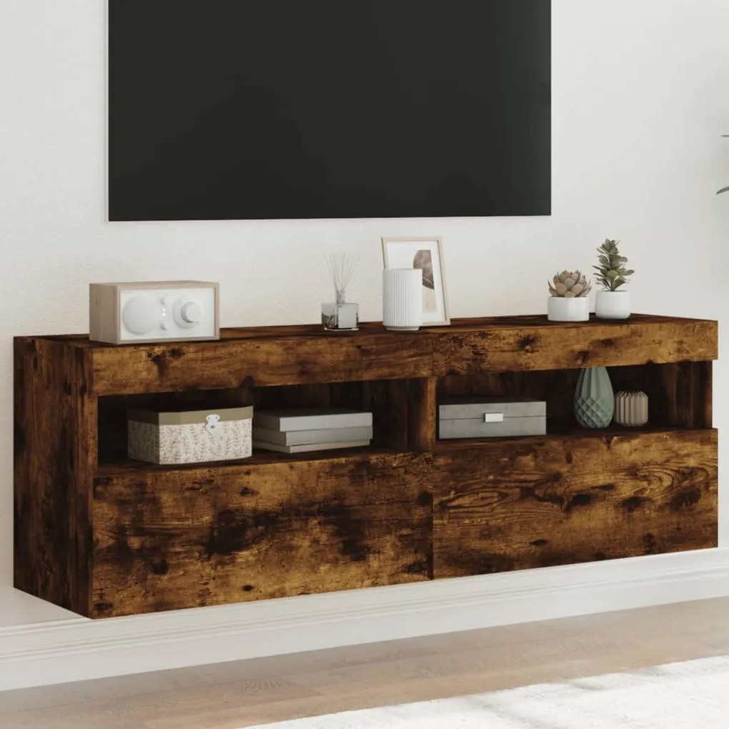 vidaXL Comodă TV de perete cu LED, 2 buc. stejar fumuriu, 60x30x40 cm