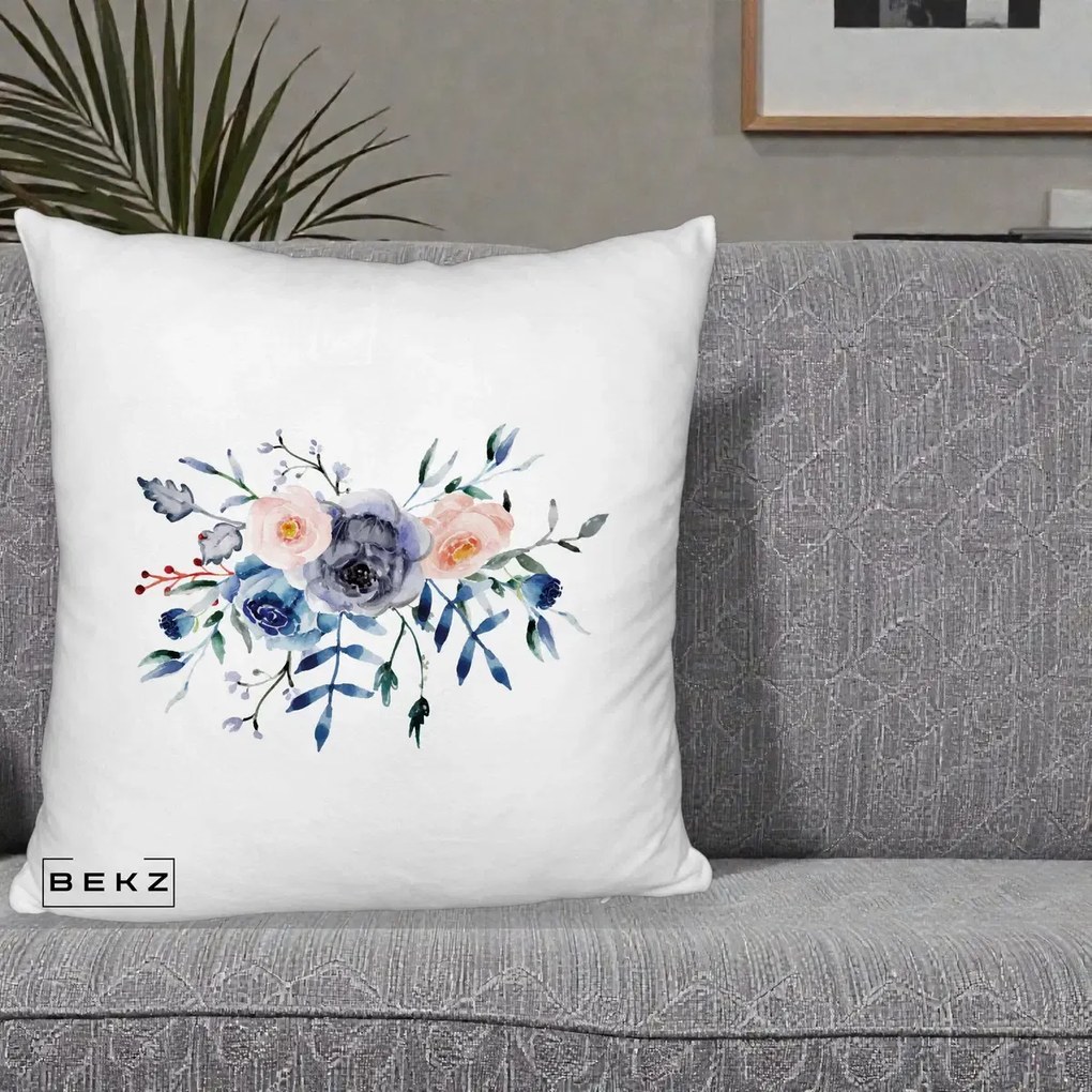 Perna Decorativa Buchet Flori Albastre Acuarela, 40x40 cm, Alb Pufos, Husa Detasabila, Perna Inclusa, BEKZ®