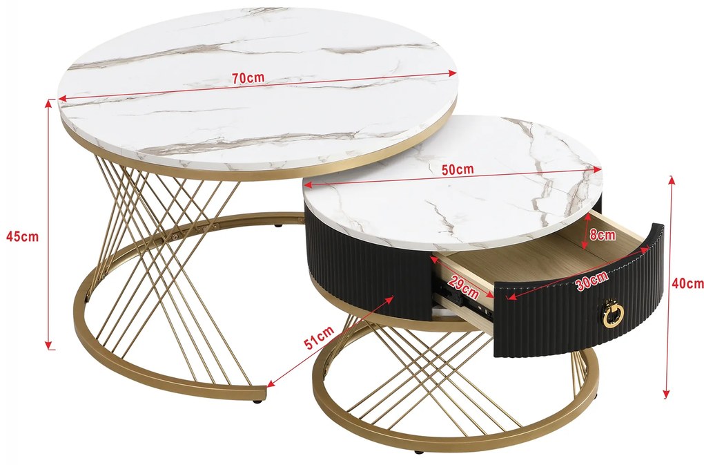 Set de 2 Măsuțe de Cafea Moderne Modulare din Marmură Sintetică cu Detalii Aurii și Sertare, Dimensiuni 70x70x45 cm și 50x50x40 cm, Alb