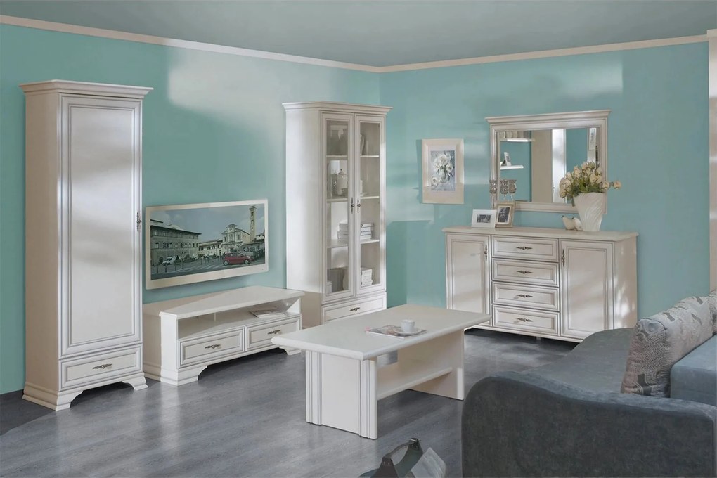Mobilier living alb clasic IDENTO 7, format din vitrina, dulap, comoda
