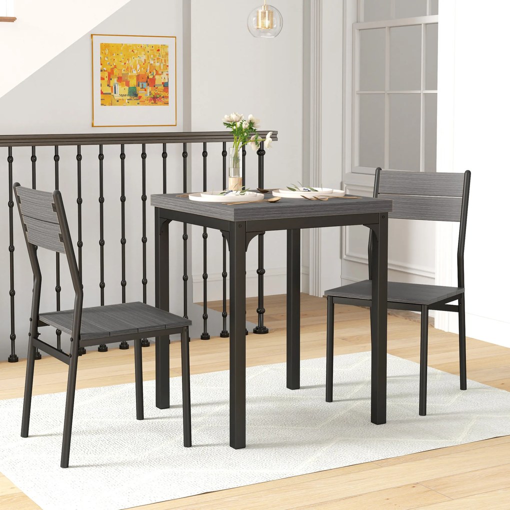 HOMCOM Set dining 3 piese, set masă, 1 masă, 2 scaune, MDF+metal, Gri | Aosom Romania